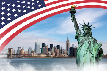 Fototapeta premium Statue of liberty with new york city skyline and american flag, symbolizing freedom and patriotism in the united states of america, Architecture and building with tourist concept