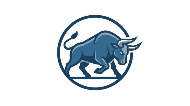 Blue bull charging powerfully inside a circular frame.