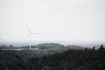Turbina wiatrowa nad lasem w czarno-białej fotografii. Energia odnawialna i naturalny krajobraz. © Adam