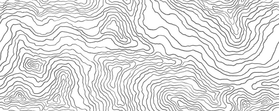 Line topography map drawn with graphite pencil. Black and white wave pattern. Abstract geometric dynamical rippled surface. Seamless pattern with curved lines. Wooden concentric circles texture
