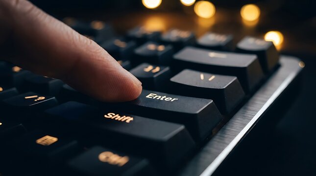 Fingers pressing enter key on illuminated keyboard close up for online interaction or digital input and confirmation of commands and data entry.