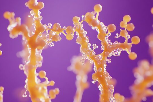 Close-up of budding yeast under microscope on purple background