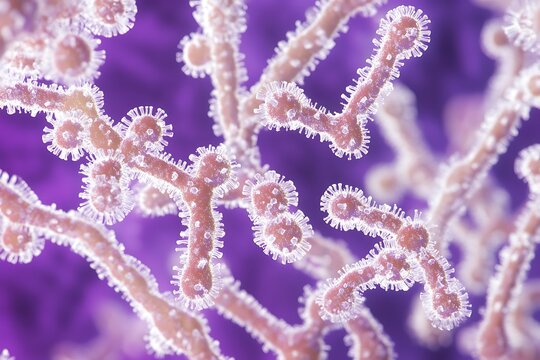 Close-up of budding yeast under microscope, purple background