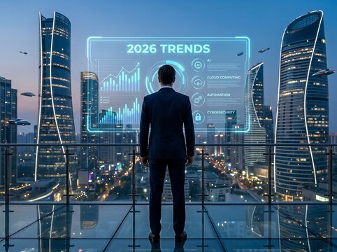 Businessman faces digital interface with trend analysis against futuristic cityscape.
