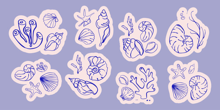 Hand drawn seashell sticker set with starfish, coral, seaweed, nautilus, conch shells, and marine elements. Minimal line art illustrations for planners, packaging, scrapbooking,. Vector illustration