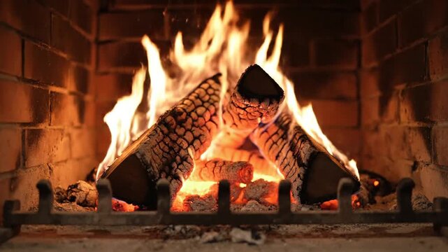Bright orange flames flickering over charred wooden logs inside a traditional red brick fireplace with a metal grate and glowing hot embers on the hearth floor during winter.
