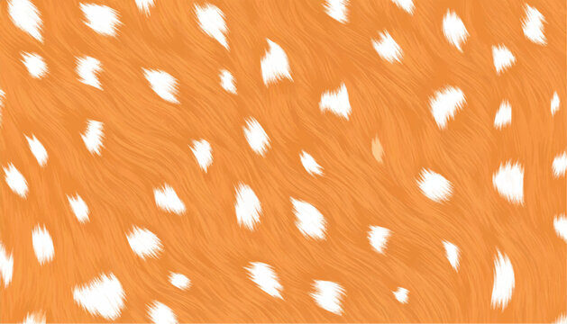 Luxury orange deer fur vector background. Seamless fawn animal skin pattern with realistic white fluffy spots on soft wavy hair. Trendy exotic pelt design for chic autumn fashion and cute backdrops.
