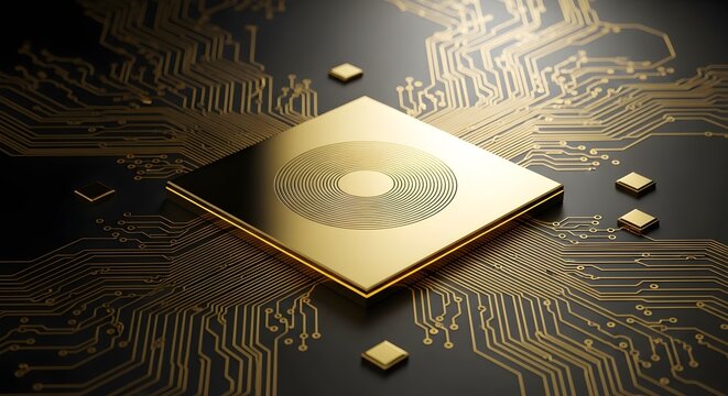 Golden Microchip at the Heart of Advanced AI and Digital Computing Infrastructure
