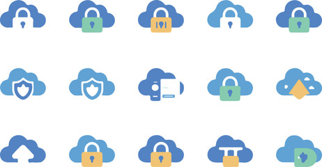 Fototapeta premium Cloud security and data storage protection vector icon set. Flat colorful cloud computing, digital privacy padlock, and online hosting safe elements for UI UX design