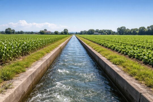 Un canal de riego discurre junto a tierras de cultivo bajo un cielo azul brillante