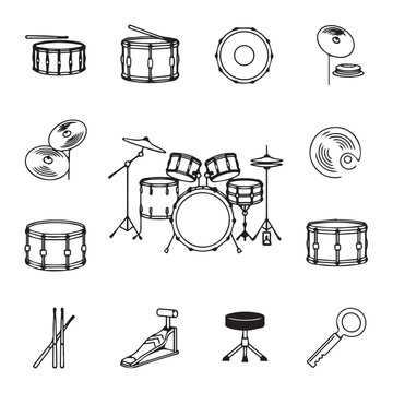 Drum kit elements in a clean white background with simple line drawing style