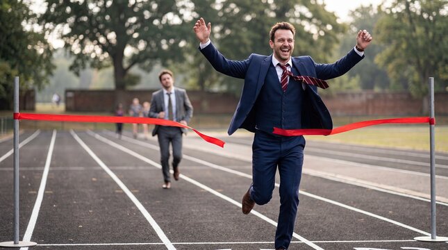 Businessman crossing finish line winning corporate race success concept