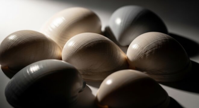 A Close-Up Macro Shot of Several White and Gray Eggs Arranged in a Cluster.