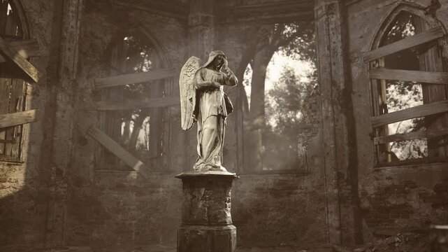 Dramatic angel statue cast in shadow, high contrast lighting carving deep silhouettes, textured stone surfaces, cinematic atmosphere and haunting monumentality