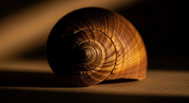 Close-up of a Snail Shell Spiral Pattern in Warm Sunlight.