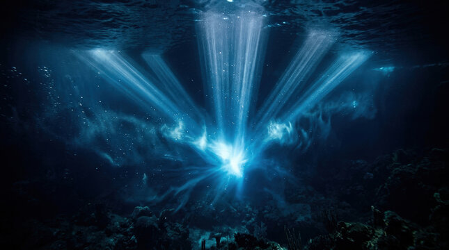Mystic bioluminescent underwater radiance with radiating light patterns bioluminescence deep glowing