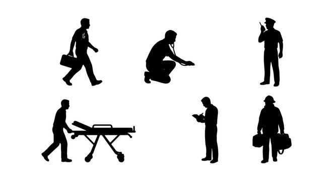 Emergency Services Silhouettes: Medical, Police, Firefighter, Stretcher, 6 Icons