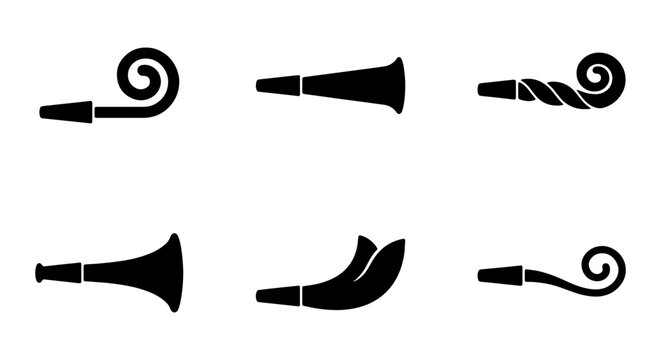 Party Horns and Noise Makers, Celebration Sounds, Festive Blowers, Vector Icons