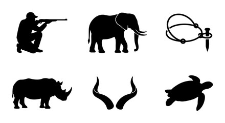 African Wildlife Silhouette Icons: Hunter, Elephant, Rhino, Antelope Horns, Turtle, Trap © Sultana