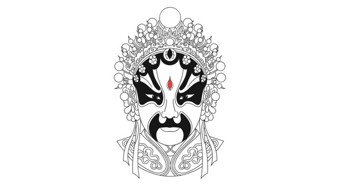 Intricately designed Chinese opera mask with bold black and red patterns, adorned with ornate headdress, isolated on a white background