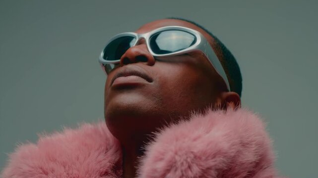 Confident african american man wearing pink fur coat and silver sunglasses. Close-up portrait of stylish black male model in trendy fashion outfit. Hip-hop culture and luxury lifestyle concept