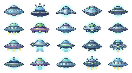 Collection of cartoon flying saucers and alien spacecrafts. © riki