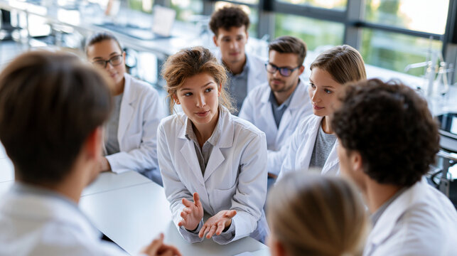 A European group of students viewed from above listens softly to a calm instructor in a bright modern science laboratory in soft daylight lab instruction faceless top view
