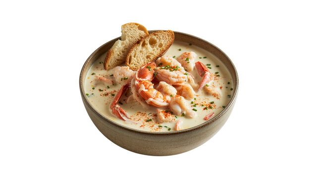 Creamy seafood chowder with shrimp and crab topped with toasted bread croutons