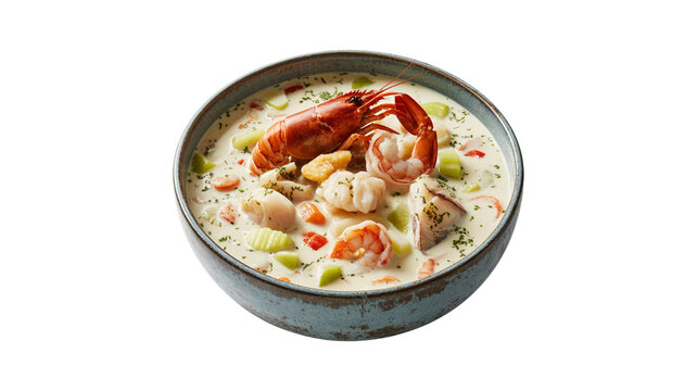 Creamy seafood chowder with lobster shrimp and scallops in a rustic bowl