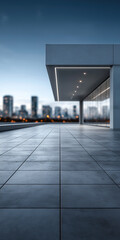 Obraz premium Outdoor terrace with tiled flooring, expansive glass walls and overlooking blurred city skyline at twilight. Generous copy space provides for creative projects. Ideal as premium background.