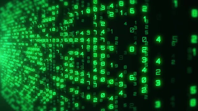 Green Digital Binary Data on Computer Screen Close Up. Random Tech Matrix of Binary Code Numbers and Text Space for Cyberspace Big Data, Communication Business, and Digital World Information.