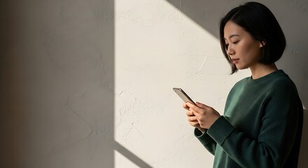 Naklejka premium Woman standing alone using smartphone indoors.
