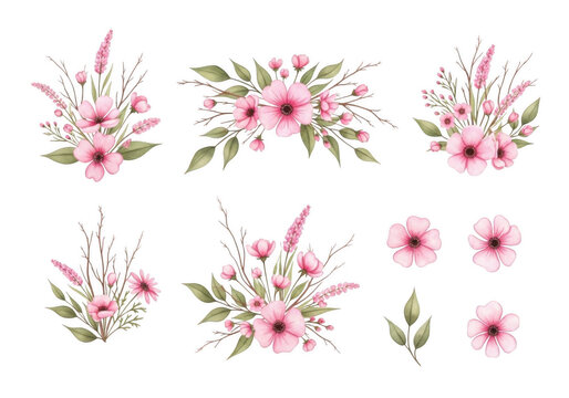 Set of watercolor pink flower arrangements, floral bouquets, and individual blossoms with green leaves isolated on a black background
