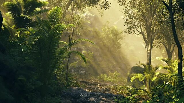 Dawn riverbed sparkling under warm rays, shallow stream winding past wet stones and fernbordered banks, gentle flow catching light and creating serene riparian