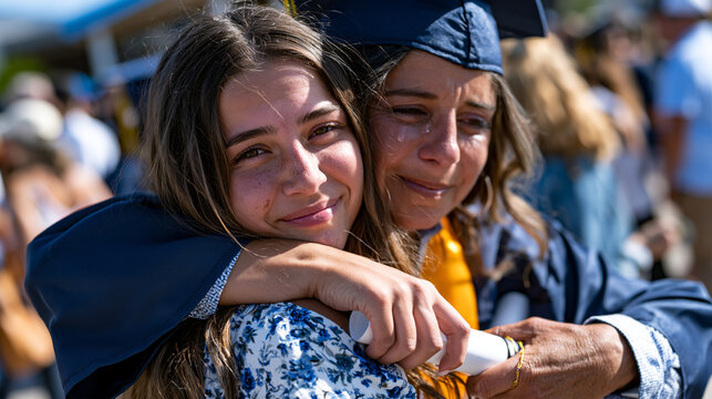College graduate in cap and gown embracing a tearful parent outside an auditorium, diploma tube clutched tightly, crowds dispersing behind them, expression on graduate mixing relief and uncertainty,