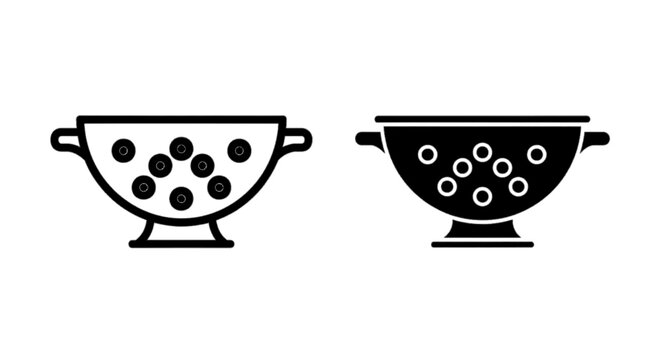 Minimal black silhouette icon, simple flat vector, bold black shape, no, no shading colander icon set, kitchen strainer vector illustration, on a, flat icon style
