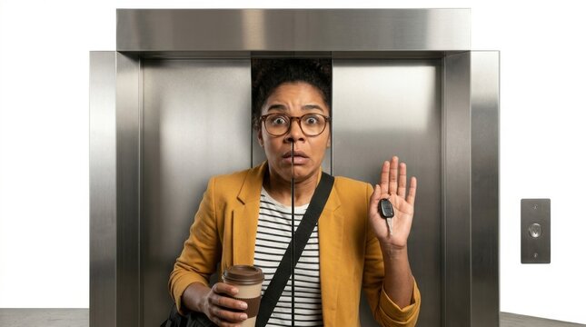 Surprised Woman Caught in Closing Elevator Doors