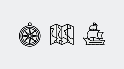Clean outline icons for exploration and travel with compass, map, and sailing ship. © Parthokumar
