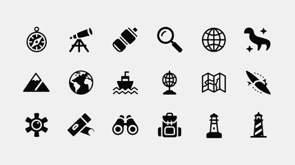 Collection of explorer and travel themed icons with compass, telescope, map, and globe. © Parthokumar