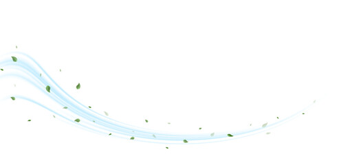 Obraz premium Blue Wind Swirl With Flying Green Leaves. Abstract Nature Breeze Motion Trail. Spring Air Flow Vector Background
