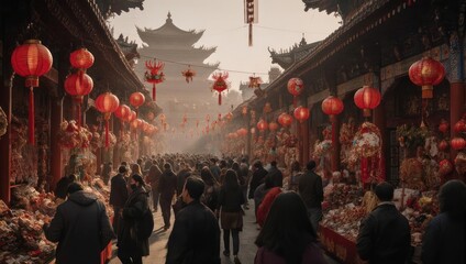 Obraz premium Traditional Chinese Market Scene with Lanterns and Pagoda.