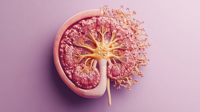 Anatomical human kidney cross-section with visible nephrons and ureter
