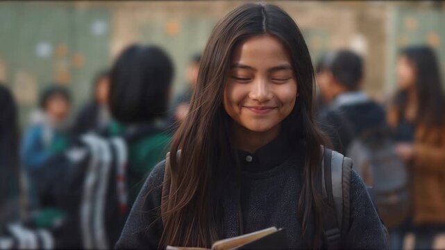 Portrait of cheerful female international Asian student with backpack, carrying school equipment, Education concept