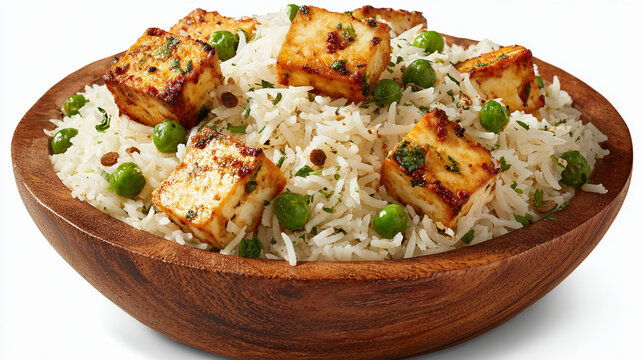 Paneer matar pulao with basmati rice and green peas in a wooden bowl