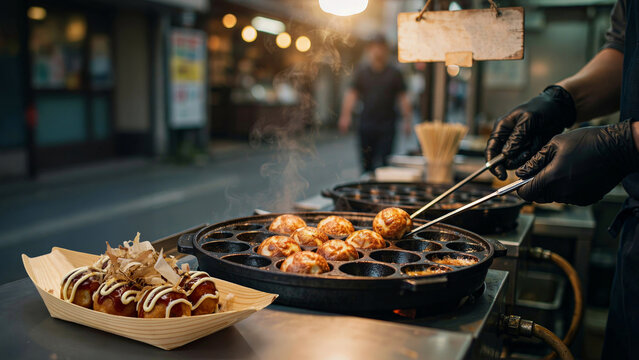 Zubereitung von Takoyaki Oktopus-B&auml;llchen in Gusseisenform