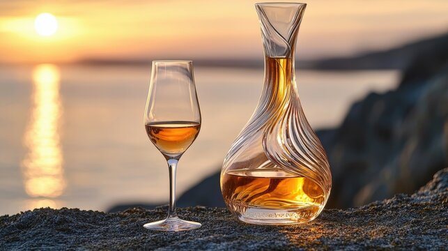Golden cognac in a curved bottle and tulip glass on a coastal rock at sunset