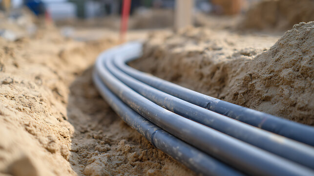 Underground conduits laid in a trench, ready for utilities and construction work, close up image of pipes in sand at outdoor site