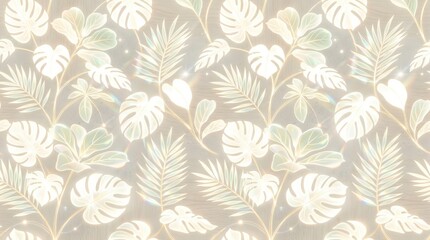 Fototapeta premium Elegant Tropical Leaf Pattern in Soft Pastel Colors, Featuring Monstera and Fern Leaves, Perfect for Wallpaper, Fabric, and Textile Design, Creating a Calm and Natural Aesthetic