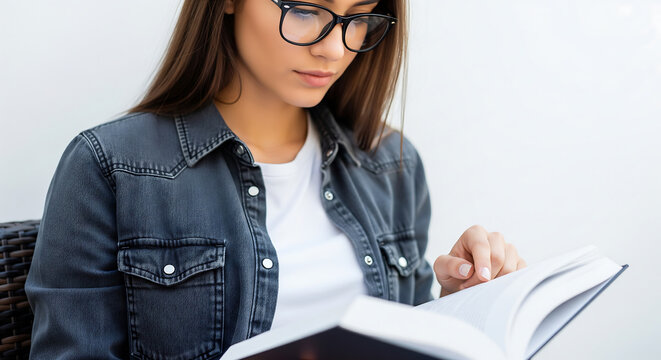 Young woman with black eyeglasses in a dark denim jacket turning pages of an open book, bright white background, ideal for educational content, study lifestyle blogs and remote learning promotion.