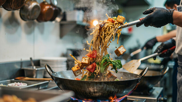Koch bereitet gebratene Mee Goreng Nudeln im Wok zu